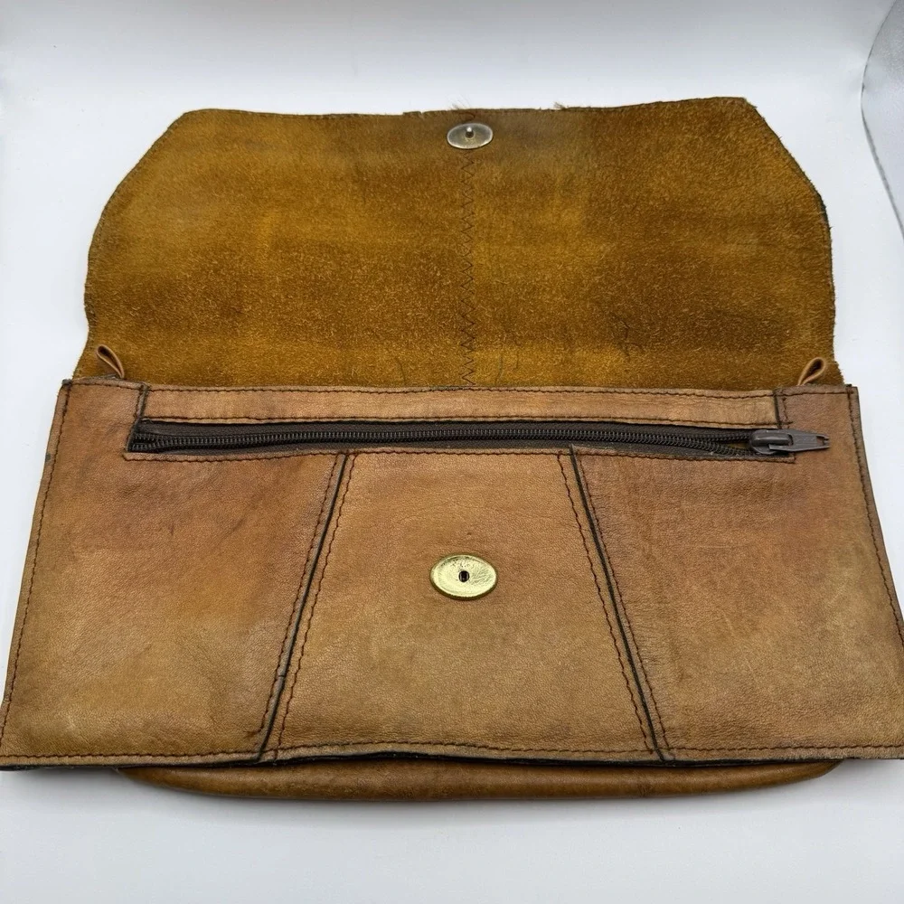 Vintage Leather Suede Clutch Envelope Wallet Zipper Pocket Brown 11.5x6